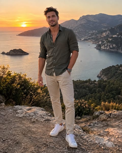 Illustration: a man stands on a cliff path at sunset, one hand in his pocket, weight on one leg.