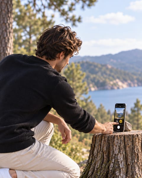 Illustration: a man crouches to prop his phone against a stone on a tree stump, with a lake behind him.