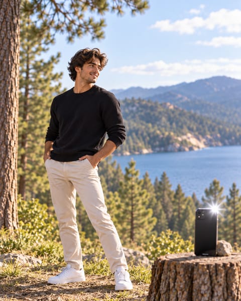 Illustration: the same man stands relaxed a few steps from his phone, which is propped on the stump and taking his photo.