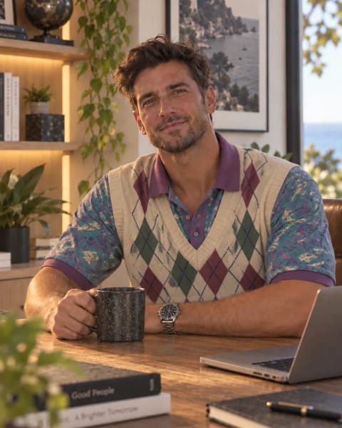 Illustration: a man at a desk in a loud patterned vest over a bright polo shirt.