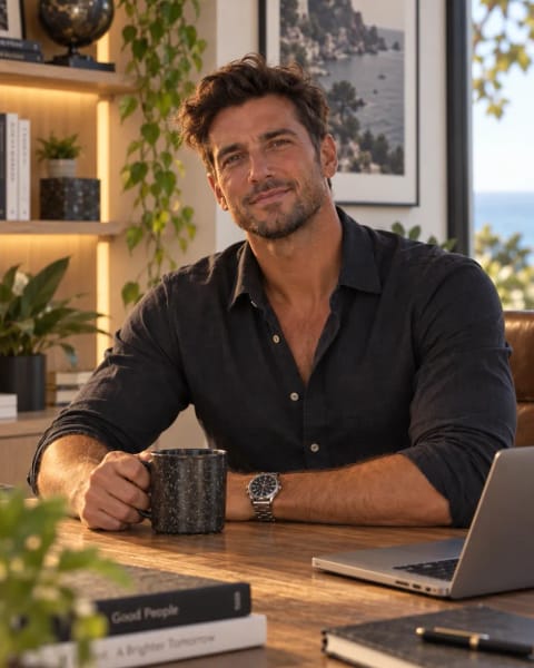 Illustration: the same man at the same desk in a plain dark shirt.